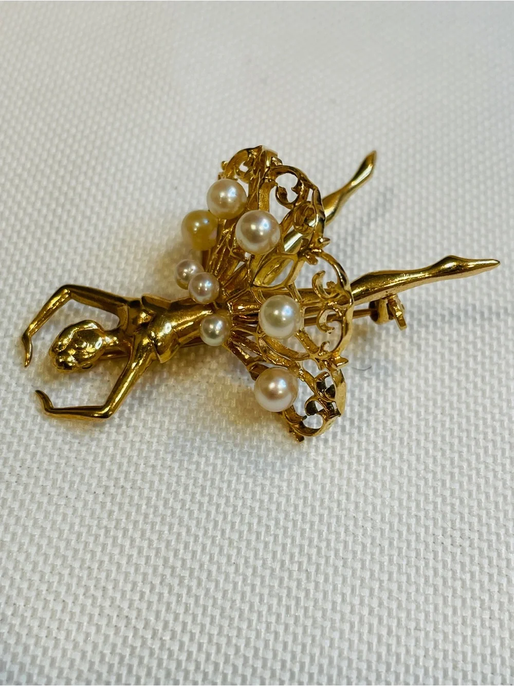 Vintage 14 Karat Yellow Gold and Cultured Pearl Ballerina Brooch Pin